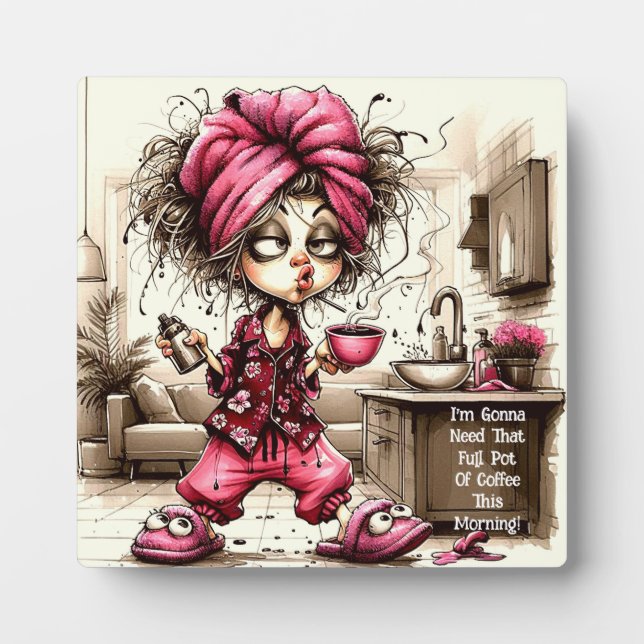 Quirky Coffee Lady Full Pot Plaque mit Easel Fotoplatte (Vorderseite)
