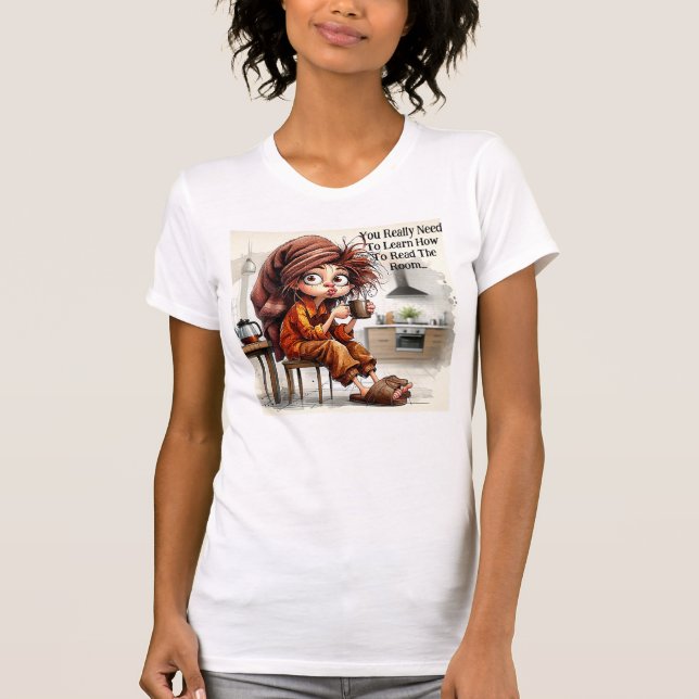Quirky Coffee Lady liest den T - Shirt (Vorderseite)