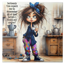 Quirky Coffee Lady Serious Keramik Tile Fliese