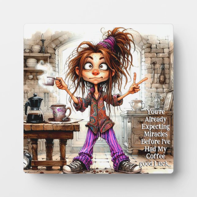 Quirky Coffee Lady Viel Glück Plaque mit Easel Fotoplatte (Vorderseite)