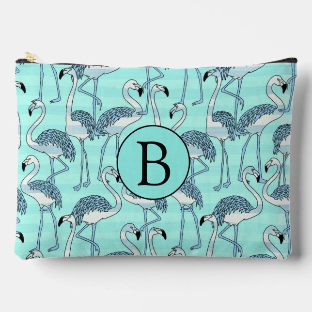 Quirky Cool Striped Blue Flamingo Muster Monogram Zubehörtasche (Vorderseite)