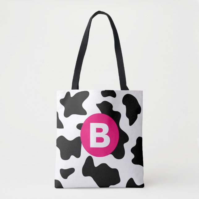 Quirky Cow Patch Pattern Pink Monogram Tasche (Vorderseite)