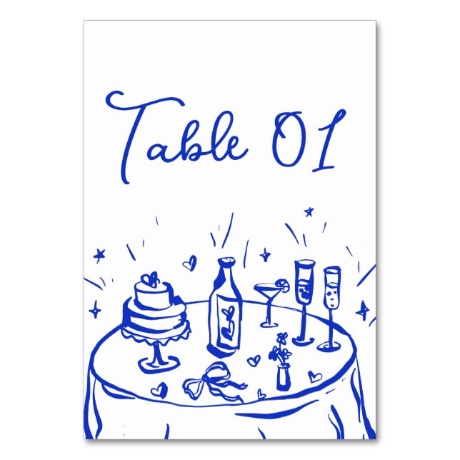 Quirky Doodle Hand Drawn Blue Tischnummer (Vorderseite)