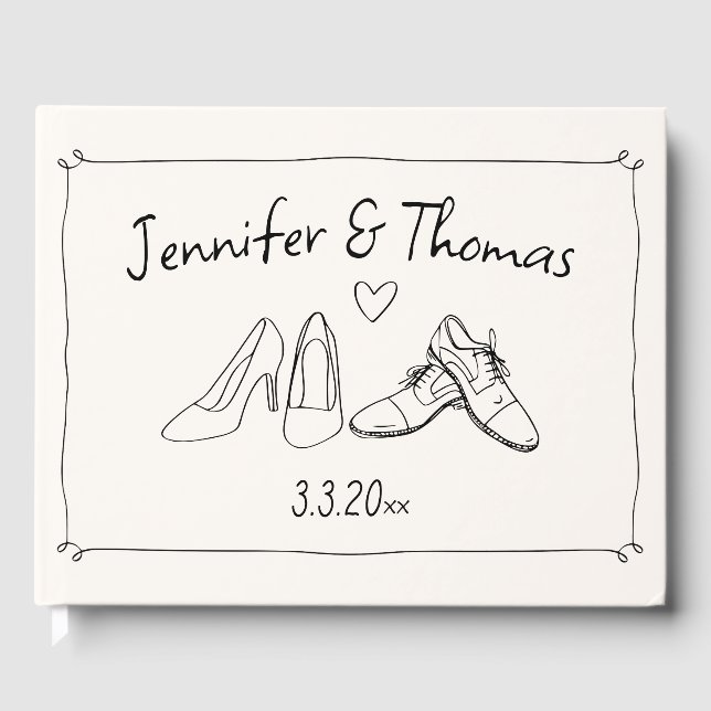 Quirky Eclectic Hand Drawn Shown Shoes Doodle Wedd Gästebuch (Vorderseite)