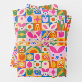 Quirky farbenfroh ästhetisches Frühjahrsthema Geschenkpapier Set