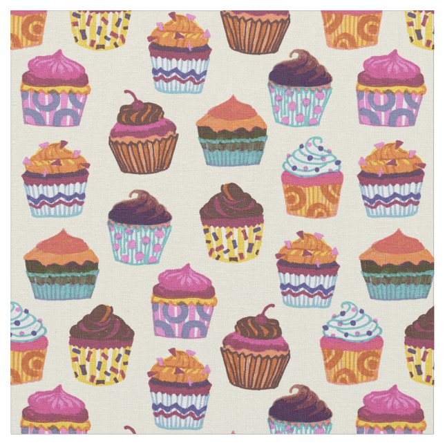 Quirky farbenfrohe Cupcakes Illustrationsmuster Stoff (Nahaufnahme)