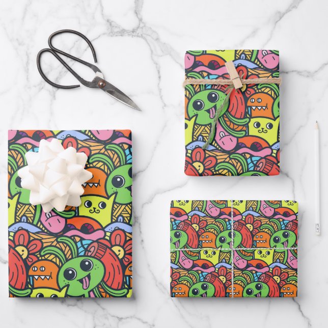 Quirky farbiges Kawaii-Charaktermuster Geschenkpapier Set (Vorderseite)