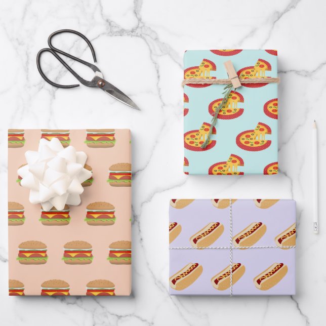 Quirky Fast Food Burger Pizza und Hot Dog Patterns Geschenkpapier Set (Vorderseite)