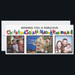 Quirky Fun All Inclusive 3 Foto Primärfarben Feiertagskarte<br><div class="desc">Diese komische und lustige Urlaubskarte deckt alle Basen ab. Der Gruß lautet: "Einen fabelhaften ChristmaSolsticHanukKwanzaa wünschen!" - die Wörter Weihnachten Solstice, Hanukkah und Kwanzaa in ein langes Wort vermischen. Der Text ist in einem skurrilen Schriftart mit abwechselnden Primärfarben geschrieben, und es gibt Platz für drei Fotos. Die Rückseite hat Schneeflocken...</div>