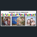 Quirky Fun All Inclusive 3 Foto Primärfarben Feiertagskarte<br><div class="desc">Diese komische und lustige Urlaubskarte deckt alle Basen ab. Der Gruß lautet: "Einen fabelhaften ChristmaSolsticHanukKwanzaa wünschen!" - die Wörter Weihnachten Solstice, Hanukkah und Kwanzaa in ein langes Wort vermischen. Der Text ist in einem skurrilen Schriftart mit abwechselnden Primärfarben geschrieben, und es gibt Platz für drei Fotos. Die Rückseite hat Schneeflocken...</div>