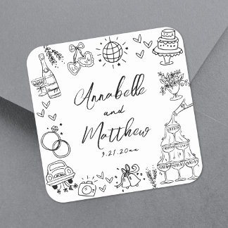 Quirky Fun Hand Drawn Whimsical Wedding Quadratischer Aufkleber