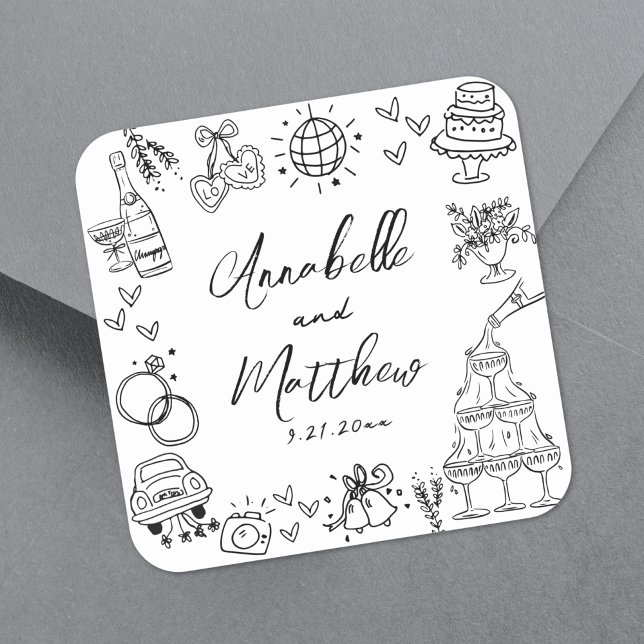 Quirky Fun Hand Drawn Whimsical Wedding Quadratischer Aufkleber (Quirky Fun Hand Drawn Whimsical Wedding Square Sticker)