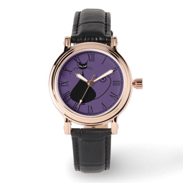 Quirky Funny Black Cat Feline Armbanduhr (Vorderseite)
