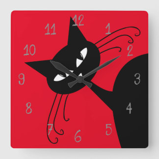 Quirky Funny Black Cat Feline Quadratische Wanduhr