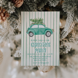 Quirky Green Hand Drawn Weihnachtswagenbaum Party Einladung