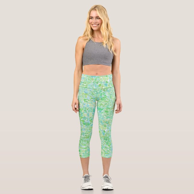 Quirky Groovy Boho Hippie Abstrakt Blob Mosaic Capri Leggings (Vorderseite)