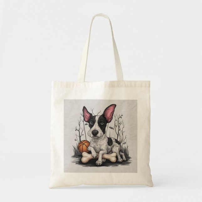 Quirky Halloween Pup: Gepunkteter Hund mit Basketb Tragetasche (Vorne)