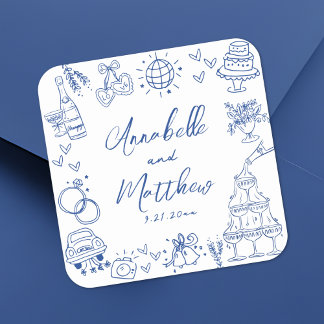 Quirky Hand Drawn Blue Whimsical Wedding Quadratischer Aufkleber