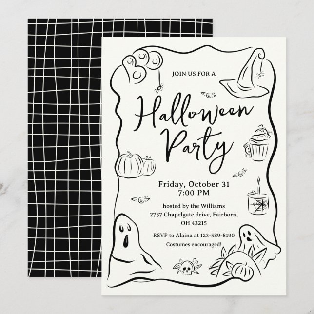 Quirky Hand Drawn Doodle Halloween-Party Einladung (Vorne/Hinten)