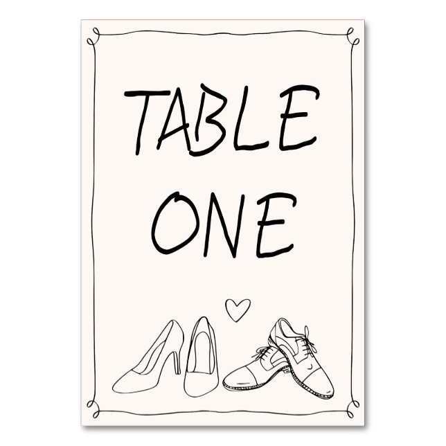 Quirky Hand Drawn Doodle Shoes Foto Hochzeit Tischnummer (Vorderseite)