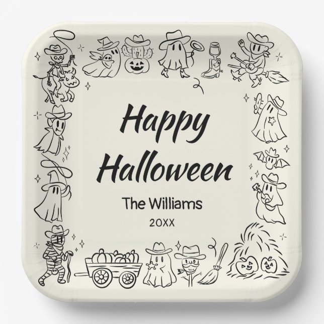 Quirky Hand Drawn Doodles Happy Halloween Pappteller (Vorderseite)