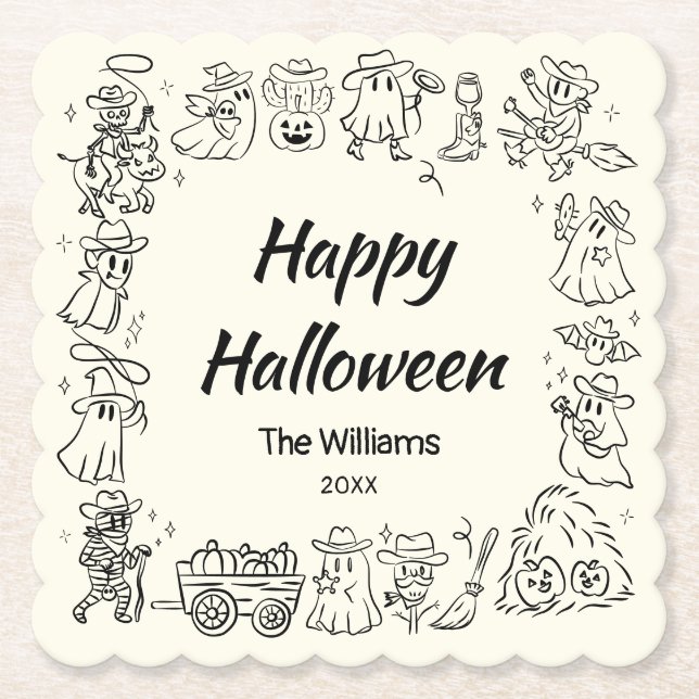 Quirky Hand Drawn Doodles Happy Halloween Untersetzer (Vorderseite)