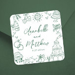 Quirky Hand Drawn Emerald Green Whimsical Wedding Quadratischer Aufkleber<br><div class="desc">Personalisierte, von Hand Gezeichnet Quirky-Hochzeitskleber. Diese lustigen und spielerischen Hochzeitsaufkleber mit Platz und Platz sind mit eigenartigen Doodle-Illustrationen rund um das Design in einem lebendigen smaragdgrünen Thema gestaltet. Elemente wie ein Champagnerturm, Hochzeitskuchen, Diskokugel, Herzen, Hochzeitsglocken, Ringe, Kameras und vieles mehr sorgen für ein charmantes und feierliches Ambiente. Braut- und Bräutigam-Namen...</div>
