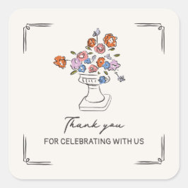 Quirky Hand Drawn Floral Urn Brautparty Quadratischer Aufkleber