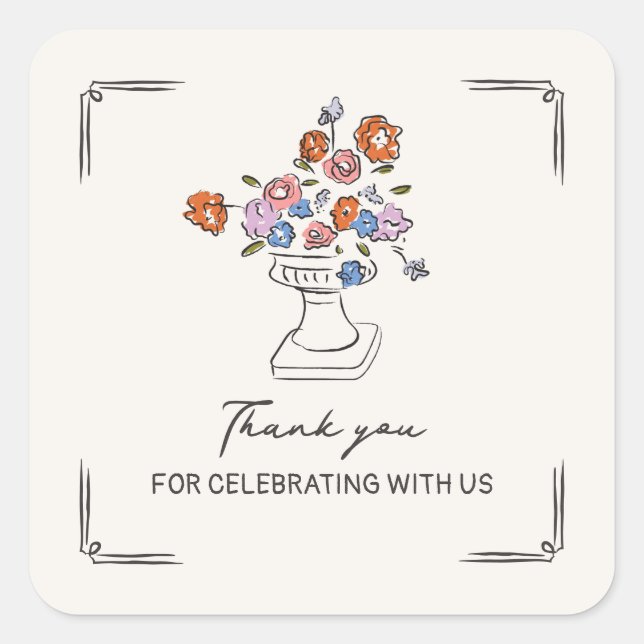 Quirky Hand Drawn Floral Urn Brautparty Quadratischer Aufkleber (Vorderseite)