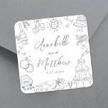 Quirky Hand Drawn Gray Whimsical Wedding Quadratischer Aufkleber<br><div class="desc">Personalisierte, von Hand Gezeichnet Quirky-Hochzeitskleber. Diese lustigen und spielerischen Hochzeitsaufkleber mit Platz und Platz sind mit eigenartigen Doodle-Illustrationen rund um das Design in einem sanft grauen Thema gestaltet. Elemente wie ein Champagnerturm, Hochzeitskuchen, Diskokugel, Herzen, Hochzeitsglocken, Ringe, Kameras und vieles mehr sorgen für ein charmantes und feierliches Ambiente. Braut- und Bräutigam-Namen...</div>
