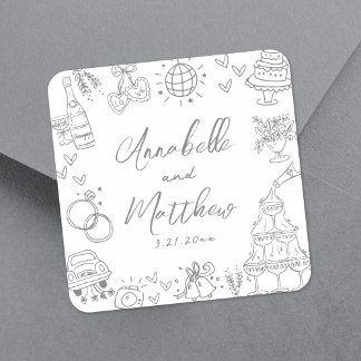 Quirky Hand Drawn Gray Whimsical Wedding Quadratischer Aufkleber