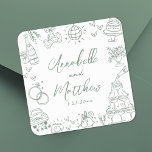 Quirky Hand Drawn Green Whimsical Wedding Quadratischer Aufkleber<br><div class="desc">Personalisierte, von Hand Gezeichnet, rauschige, weiße Hochzeitskleber. Diese lustigen und spielerischen Hochzeitsaufkleber mit quadratischem Rahmen sind in einer sanften, grünen Farbpalette mit weißer Doodle-Illustrationen gestaltet. Elemente wie ein Champagnerturm, Hochzeitskuchen, Diskokugel, Herzen, Hochzeitsglocken, Ringe, Kameras und vieles mehr schaffen ein helles und feierliches Ambiente. Die Braut- und Bräutigam-Namen und das Hochzeitsdatum...</div>