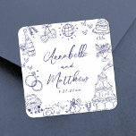 Quirky Hand Drawn Navy Blue Whimsical Wedding Quadratischer Aufkleber<br><div class="desc">Personalisierte, von Hand Gezeichnet Quirky-Hochzeitskleber. Diese lustigen und spielerischen Hochzeitsaufkleber sind mit eigenartigen Doodle-Illustrationen rund um das Design in einem reichen marineblau-blauen Thema gestaltet. Elemente wie ein Champagnerturm, Hochzeitskuchen, Diskokugel, Herzen, Hochzeitsglocken, Ringe, Kameras und vieles mehr sorgen für ein charmantes und feierliches Ambiente. Braut- und Bräutigam-Namen und Hochzeitsdatum werden unter...</div>