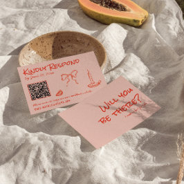 Quirky Hand Drawn Pink Red Unique QR Code Wedding RSVP Karte