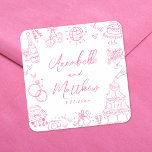 Quirky Hand Drawn Pink Whimsical Wedding Quadratischer Aufkleber<br><div class="desc">Personalisierte, von Hand Gezeichnet Quirky-Hochzeitskleber. Diese lustigen und spielerischen Hochzeitsaufkleber sind mit eigenartigen Doodle-Illustrationen rund um das Design in einem sanften rosa Thema gestaltet. Elemente wie ein Champagnerturm, Hochzeitskuchen, Diskokugel, Herzen, Hochzeitsglocken, Ringe, Kameras und vieles mehr sorgen für ein charmantes und feierliches Ambiente. Braut- und Bräutigam-Namen und Hochzeitsdatum werden unter...</div>