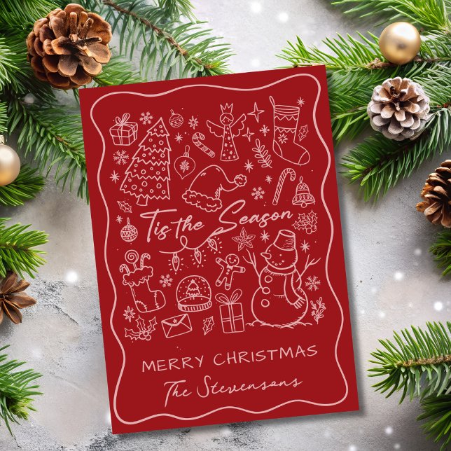 Quirky Hand Drawn Red Pink Falten Foto Weihnachten (Von Creator hochgeladen)
