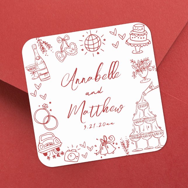 Quirky Hand Drawn Red Whimsical Wedding Quadratischer Aufkleber (Quirky Hand Drawn Red Whimsical Wedding Square Sticker)