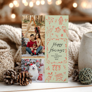 Quirky Happy Holidays Handgezeichnetes Rotes Grün  Feiertagskarte