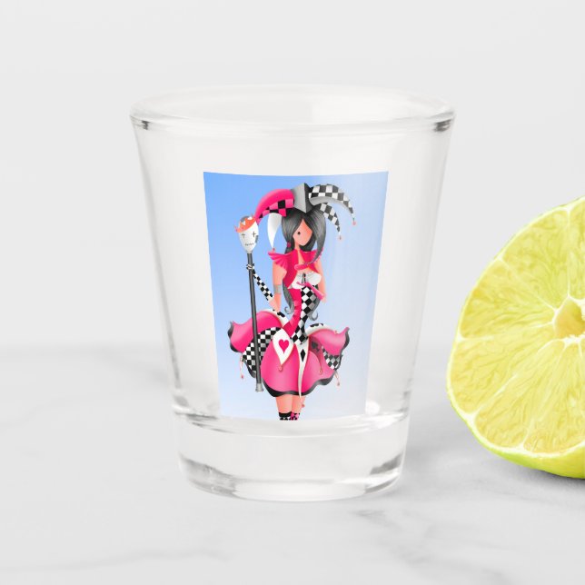 Quirky Jester und Marionettenkönig Schnapsglas (Vorderseite)