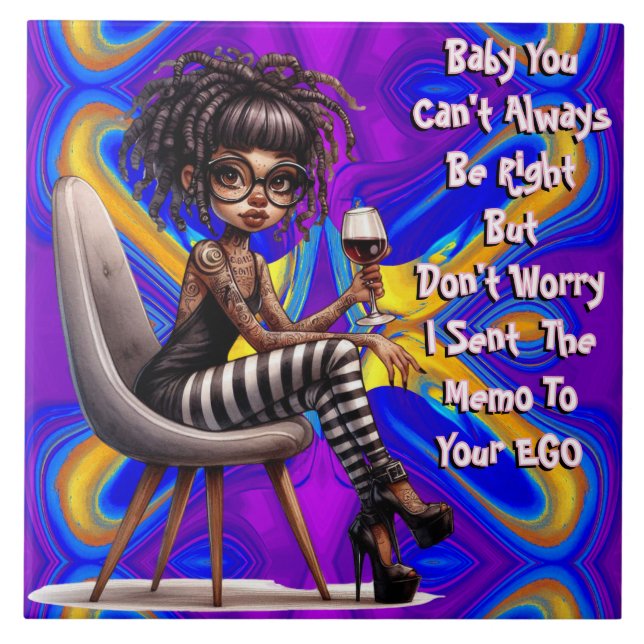 Quirky Lady Tattoo & Wine EGO Keramik Tile Fliese (Vorderseite)