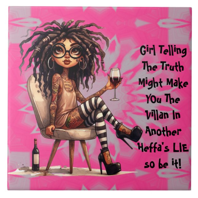 Quirky Lady Tattoo & Wine Truth Keramik Tile Fliese (Vorderseite)