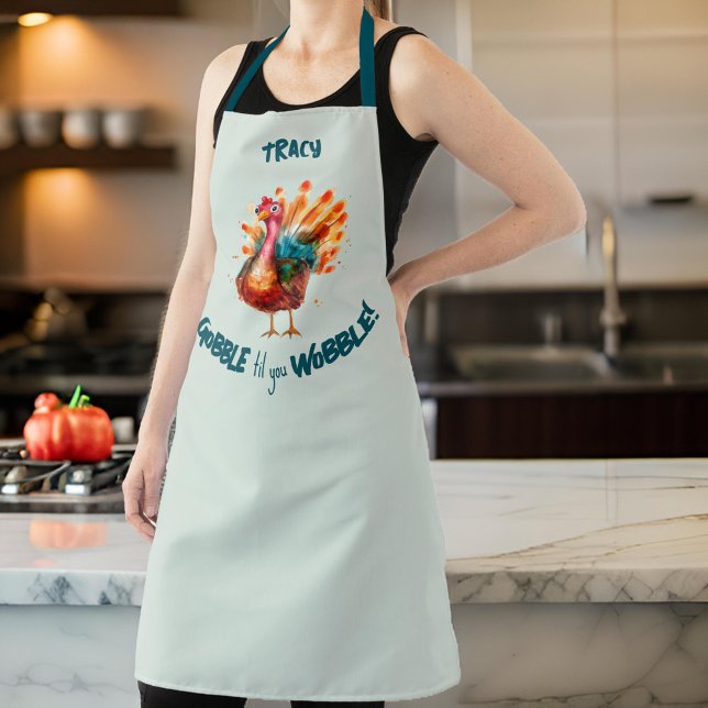 Quirky Light Green Watercolor Türkei Erntedank Schürze ("Gobble til you Wobble" festive light green apron with a watercolor turkey.)