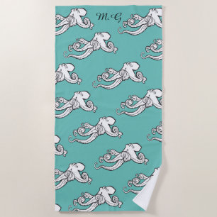 Quirky Octopus Sketches Muster Aquamarin Mit Monog Strandtuch