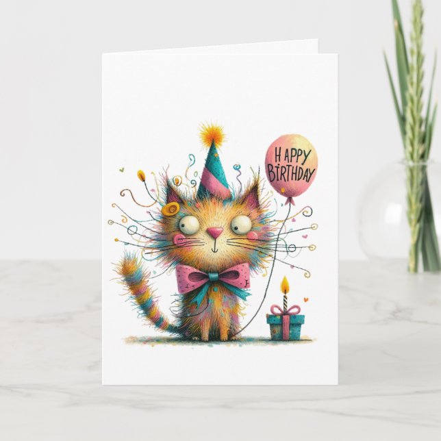 Quirky Orange Cat with Party Hat and Cake Birthday Karte (Vorderseite)