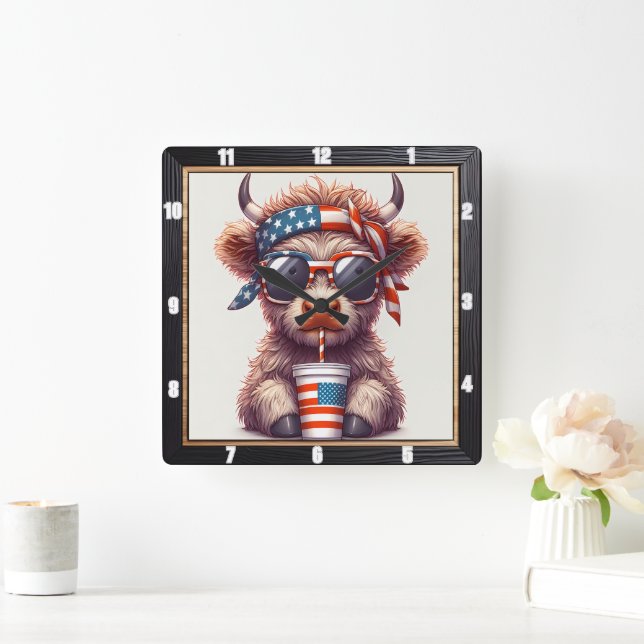Quirky Patriotic Cow USA Quadratische Wanduhr (Zuhause)
