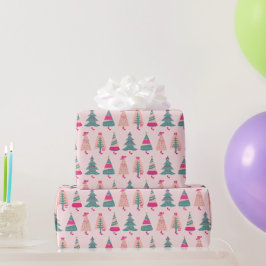 Quirky Pink Girly Christmas Trees Geschenkpapier