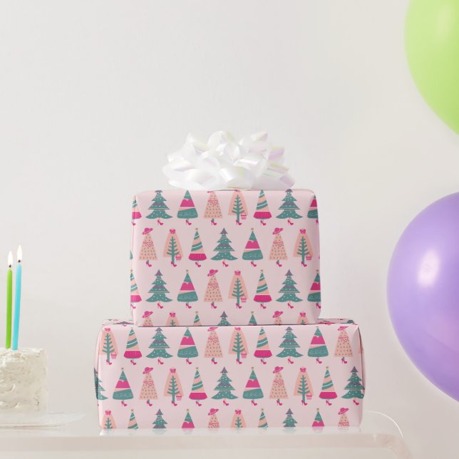 Quirky Pink Girly Christmas Trees Geschenkpapier (Partygeschenke)