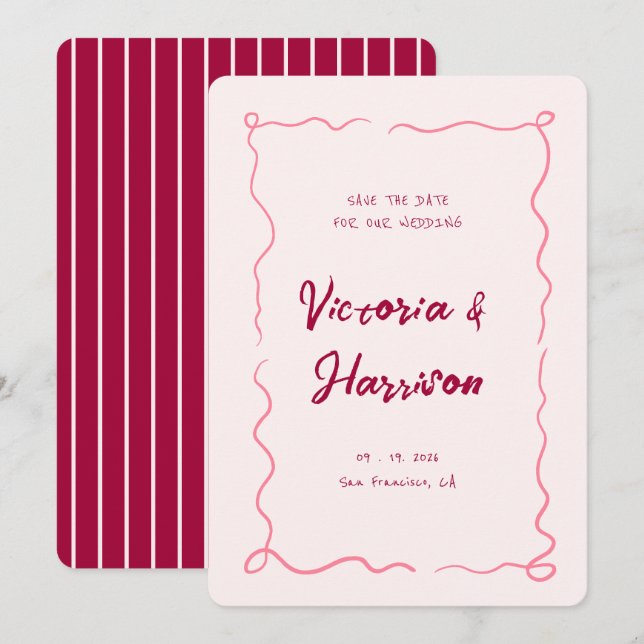 Quirky Pink Hand gezogen Wavy Squiggle Border Save The Date (Vorne/Hinten)