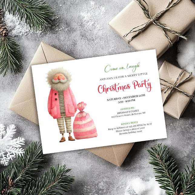 Quirky pink santa minimalist Christmas party  Einladung (Quirky pink santa minimalist Christmas party invitation card

)