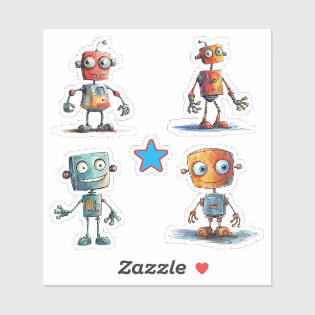 Quirky-Roboter (1-4) Aufkleber (Blatt)
